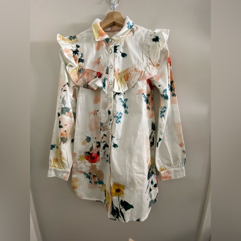 By Anthropologie Pilcro Long-Sleeve Ruffled Denim Mini Shirt Dress size M new - Picture 9 of 9